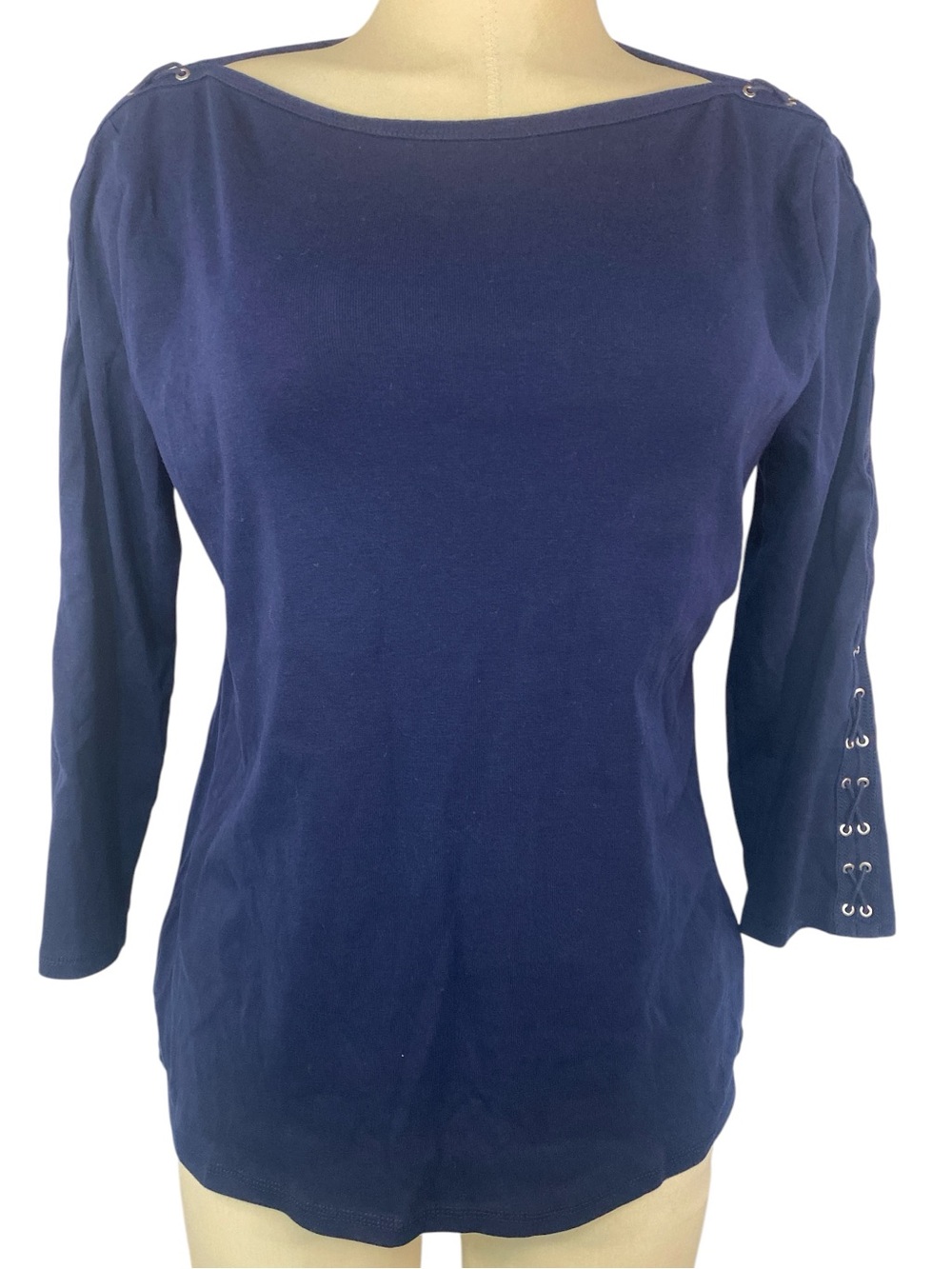 Lauren Ralph Lauren Women's Navy Lace-Up Sleeve Boatneck Top XL